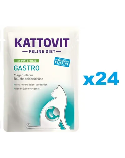KATTOVIT Feline Diet Gastro hrana umeda dietetica pentru pisici cu afectiuni gastrointestinale, curcan si orez 24 x 85 g