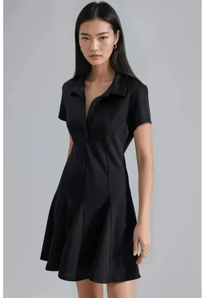 Rochie Midi A-Line - Guler de Camasa - Negru - Jerseu