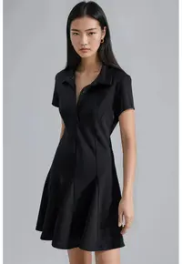 Rochie Midi A-Line - Guler de Camasa - Negru - Jerseu