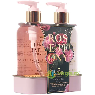 Set Cadou Delightful Duo Velvet Rose & Peony Sapun Lichid 300ml + Crema de Maini si Unghii 300ml + Tavita Metalica