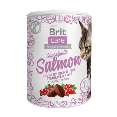 BRIT Care Snack Superfruits, Somon și Măceșe, recompense fără cereale pisici sterilizate, 100g