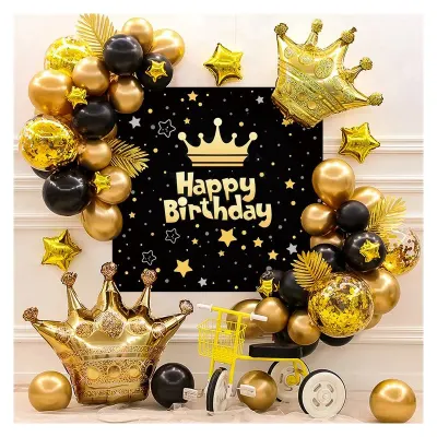 Kit aranjamente baloane Happy Birthday, fundal, baloane latex si folie aluminiu, negru auriu
