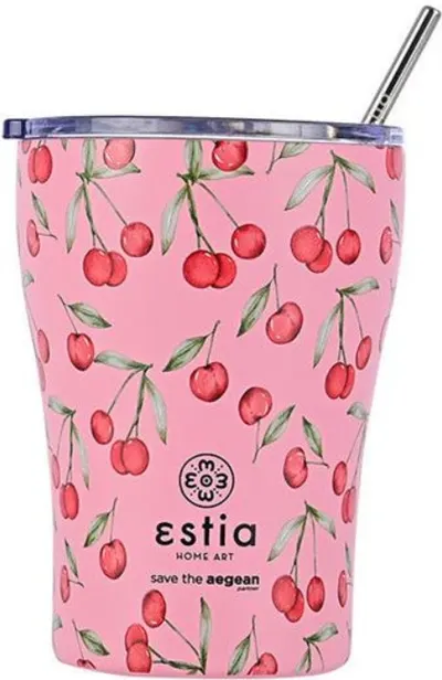 Cană termică cu un pai Estia Save the Aegean - Cherry Rose, 350 ml