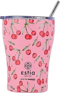 Cană termică cu un pai Estia Save the Aegean - Cherry Rose, 350 ml