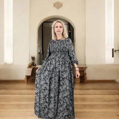 Rochie lunga de vara cu maneca 3 4 - imprimeu floralnegru