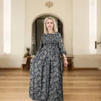 Rochie lunga de vara cu maneca 3 4 - imprimeu floralnegru