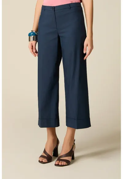 Pantaloni crop din amestec de bumbac - Bleumarin