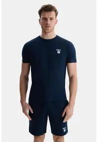 Tricou de bumbac cu decolteu la baza gatului - Bleumarin