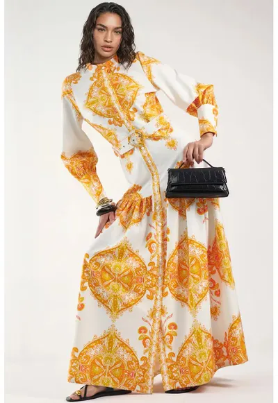 Rochie Maxi - Imprimeu Paisley - Maneca lunga - Galben - Poliester cu Lycra
