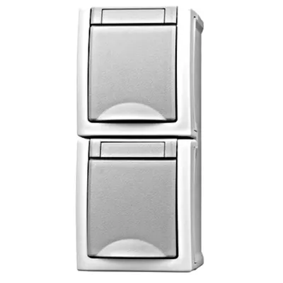 Priză dublă cu pin PE, protecţie copii, montaj vert.IP54,gri