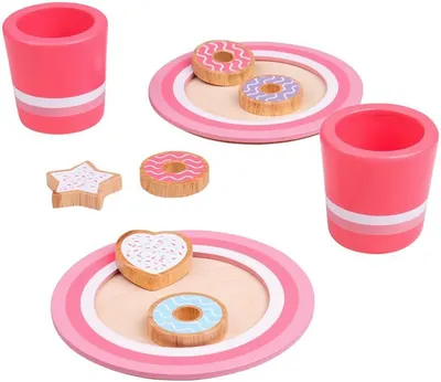 Set din lemn Bigjigs - Lapte și biscuiți, roz