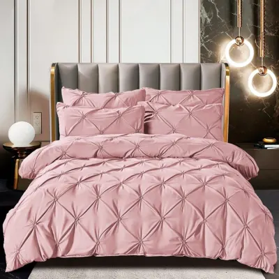 Lenjerie de Pat Premium, JOJO HOME, Finet cu Pliuri Brodate, 6 Piese, cu ELASTIC, Nesifonabila si Durabila, Pudra