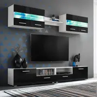 Gossi mobilier sufragerie, spatiu tv 5 piese, lumini led negru lucios