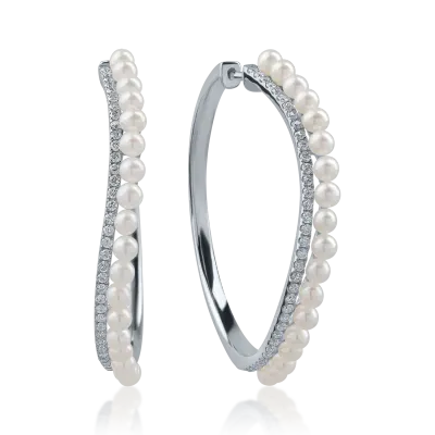 Cercei din aur alb cu perle de cultura de 5.04ct si diamante de 0.5ct