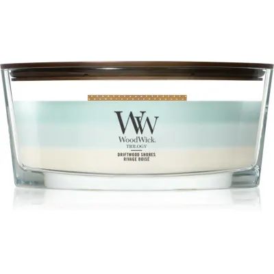 Woodwick Trilogy Driftwood Shores lumânare parfumată cu fitil din lemn 453.6 g