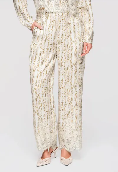 Pantaloni Lunga - Largi cu Talie Inalta si Imprimeu Animal - Eleganti si Confortabili - Bej