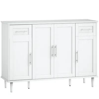 HOMCOM Mobilier de Sufragerie, Credență cu 2 Sertare și 3 Dulapuri cu Rafturi Reglabile, Comodă cu Picioare din Pin pentru Sala de Mese și Bucătărie, 120x38x86 cm, Alb | Aosom Romania