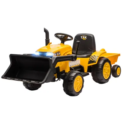 AIYAPLAY Excavator Electric pentru Copii 12V cu Cupă și Remorcă Detașabilă, Tractor Electric de Călărit cu 2 Motoare, Telecomandă, Conexiune Wireless, USB, Lumini și Muzică, 3-8 Ani, Galben | Aosom Romania