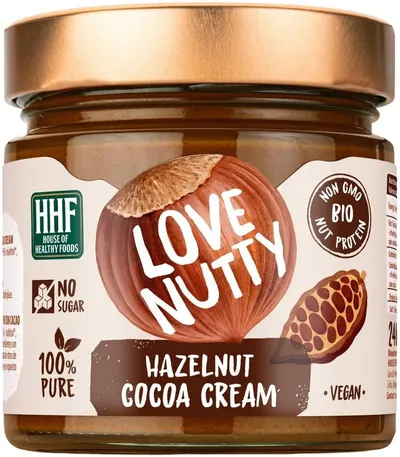 Cremă de alune de pădure și cacao fără zahăr adăugat, 240 g, Love Nutty