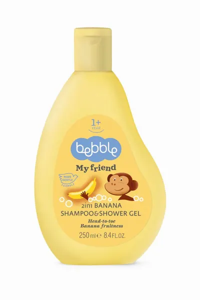 Gel de dus si sampon 2in1 pentru copii Bebble My Friend cu aroma de Banane, cu vitamina B3, panthenol, cantitate 250 ml