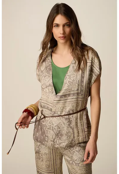 Bluza cu decolteu in V si model paisley - Bej inchis/Maro deschis