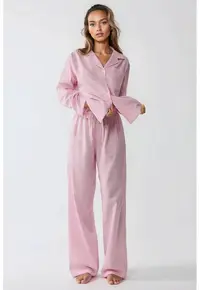 Set pijamale bumbac cu dungi - roz - maneci lungi - guler clasic