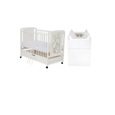 Set mobilier pentru copii, Qmini: Patut din lemn de pin si MDF cu roti, cu sertar cu capac si somiera reglabila in 3 trepte, Timmi Heart, 120x60 cm + Saltea cocos-burete-cocos, 10 cm + Comoda cu masuta de infasat, Alb