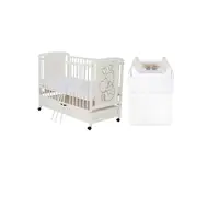 Set mobilier pentru copii, Qmini: Patut din lemn de pin si MDF cu roti, cu sertar cu capac si somiera reglabila in 3 trepte, Timmi Heart, 120x60 cm + Saltea cocos-burete-cocos, 10 cm + Comoda cu masuta de infasat, Alb