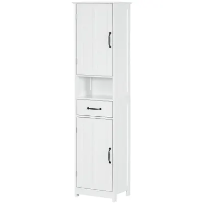 kleankin Dulap Modern pentru Baie, Mobilier Îngust cu Raft Deschis, Sertar, Uși Încastrate și Rafturi Ajustabile Alb | Aosom Romania