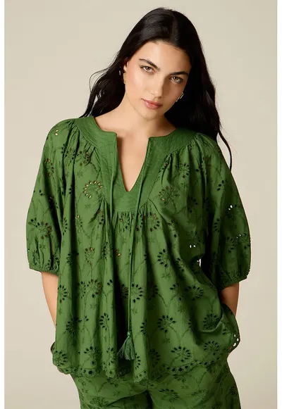 Bluza din bumbac cu design perforat - Verde padure/Verde iarba