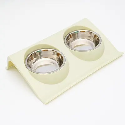 Castron dublu metalic hrana si apa pentru caini de talie mica si pisici, cu suport plastic ridicat, Small, 29 X 19 X 5 cm, verde