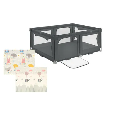 Pachet Tarc de joaca copii, Lionelo, Florence, 150 x 180 cm, Conform cu EN 12227:2010, Gri si Covoras educativ, Bocioland, Grey Elephant, Impermeabil, 150 x 180 cm