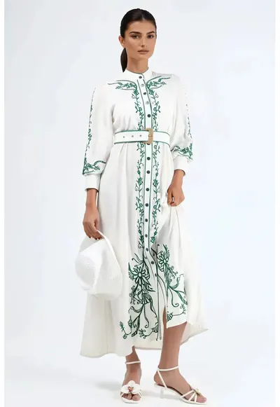 Rochie tip camasa midi - model floral - alb/verde - bumbac - curea in talie