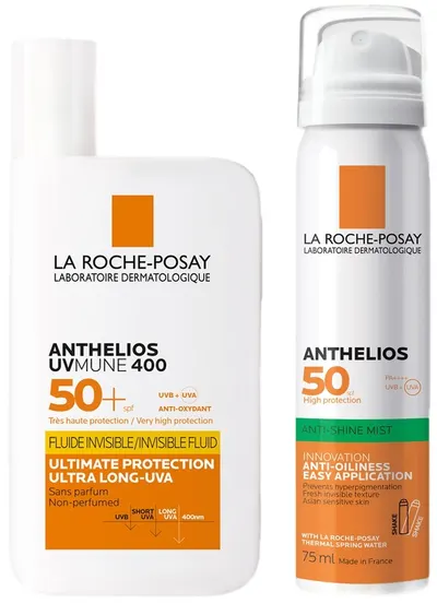 Set La Roche-Posay Anthelios - Fluid UVMune 400 și Spray Invizibil Anti-Strălucire, SPF50, 50 + 75 ml