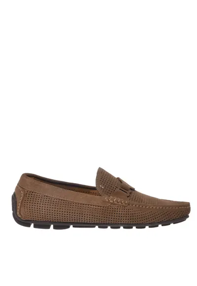 Pantofi loafer din piele intoarsa cu aspect perforat - Bej