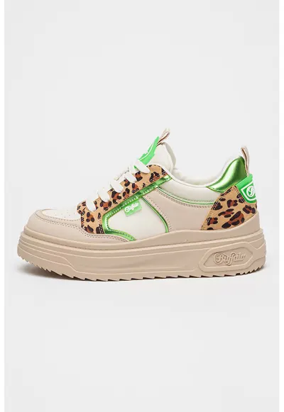 Pantofi sport flatform cu animal print - Alb/Verde/Maro nisip