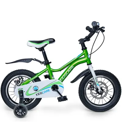 Bicicleta pentru copii 5-8 ani KidsCare HappyCycles 16 inch cu roti ajutatoare si frane pe disc verde, inaltimea intre 110 cm si 125 cm, scaun reglabil pe inaltime, claxon pe ghidon