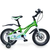 Bicicleta pentru copii 5-8 ani KidsCare HappyCycles 16 inch cu roti ajutatoare si frane pe disc verde, inaltimea intre 110 cm si 125 cm, scaun reglabil pe inaltime, claxon pe ghidon