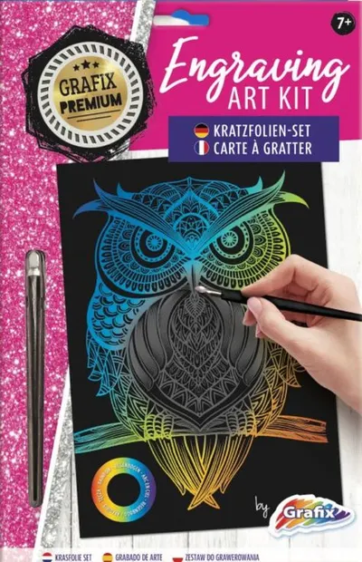 Kit de răzuit Grafix Premium - Bufniță, A4, argintiu