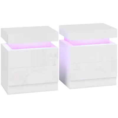 HOMCOM Set 2 Noptiere LED cu 4 Moduri, 2 Sertare, PAL, 45x35x52 cm, Alb Lucios | Aosom Romania