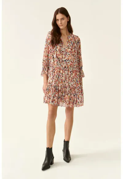 Rochie cu decolteu in V - croiala in A si model floral - Multicolor