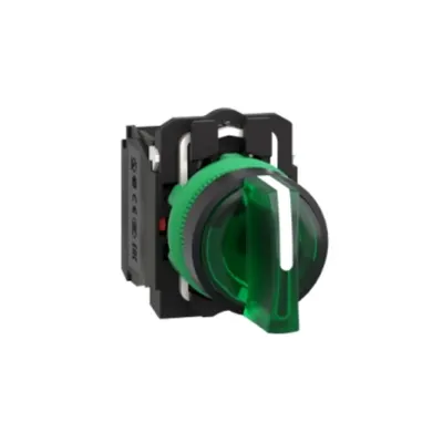 Comutator selector complet iluminat verde Ø22 ramanere in 3 pozitii 1NO+1NC 24V