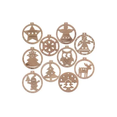 Set 10 decoratiuni din lemn pentru brad, snur prindere, 6,4x6,9 cm, maro