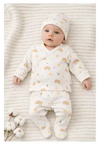 Set nou nascut 3 piese bumbac crem curcubeu body pantaloni caciulita unisex - 0-3 luni - Bumbac - Unisex