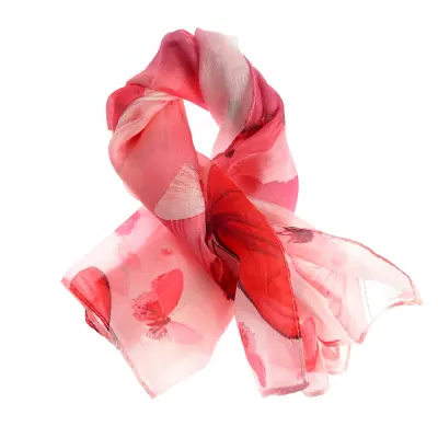 Esarfa din matase cu imprimeu floral rosu 50 x 50 cm
