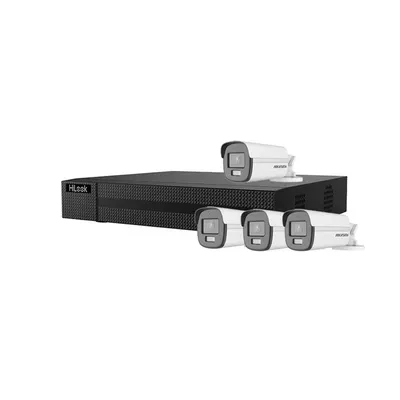 Sistem supraveghere exterior Hikvision HiLook TurboHD ColorVu KIT-HK-4EXT5MP40LA-V2, 4 camere, 5 MP, lumina alba 40 m, 2.8 mm