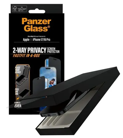 Protector de sticlă PanzerGlass - Privacy, Ultra-Wide Fit, iPhone 17/16 Pro, transparent