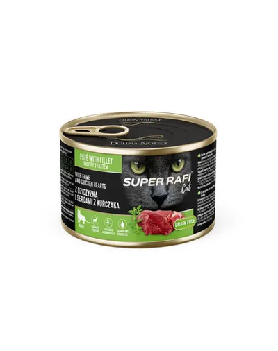 SUPER RAFI Cat cu vânat și inimi de pui 185 g pentru pisici sterilizate