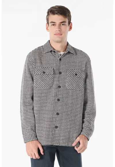 Camasa cu imprimeu houndstooth si buzunare aplicate - Alb/Negru