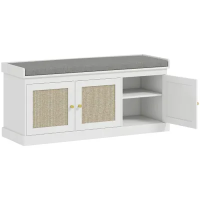 HOMCOM Banc pentru încălțăminte intrare 9 perechi, banc de depozitare, 3 uși din ratan, pernă și raft reglabil, 105x35x47cm, alb | Aosom Romania